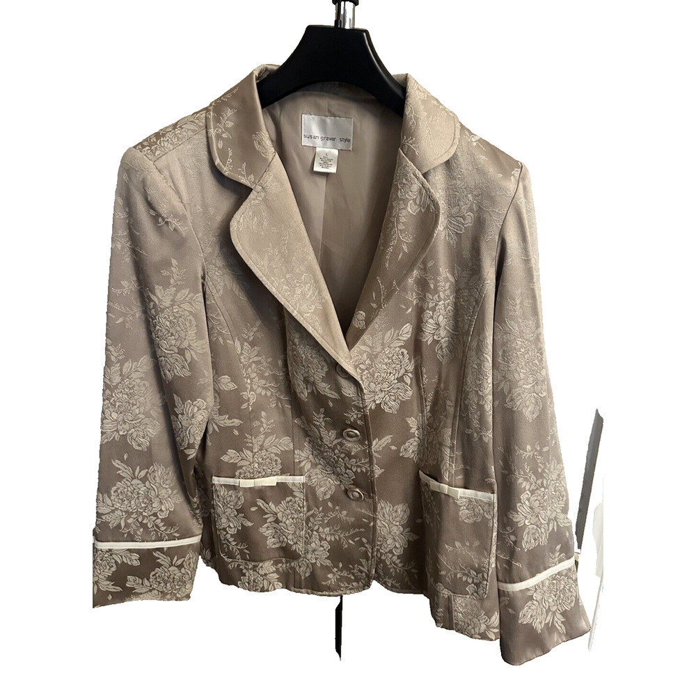 Womens Designer Susan Graver Embroidered‎ Floral Blazer Pearl Tan, Size L